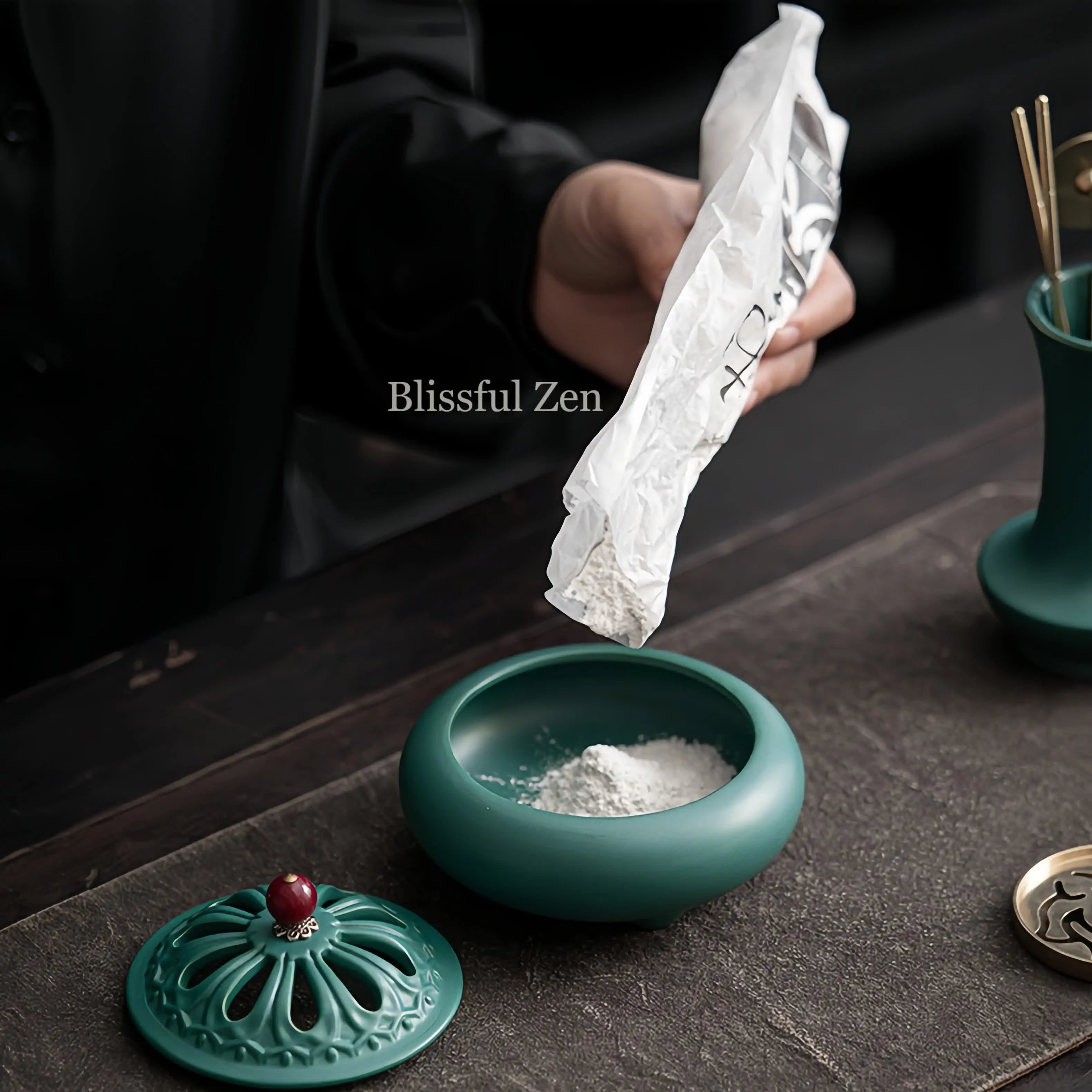 Ceramic Incense Burner Set in Peacock Green – For Relaxation & Stress Relief