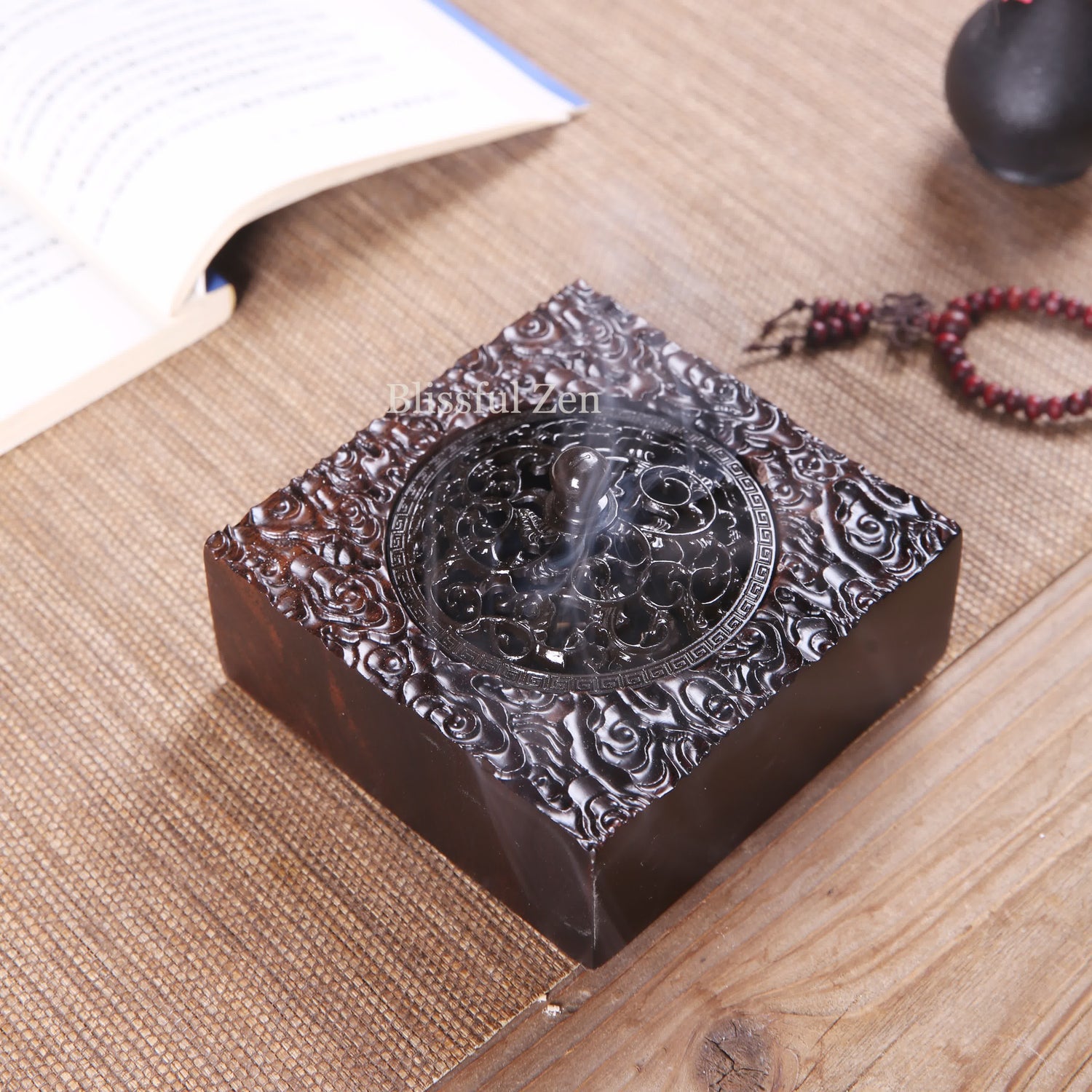 Ebony Wood Auspicious Clouds Incense Burner For Incense Seals, Stick Incense, Coil Incense, Cone Incense