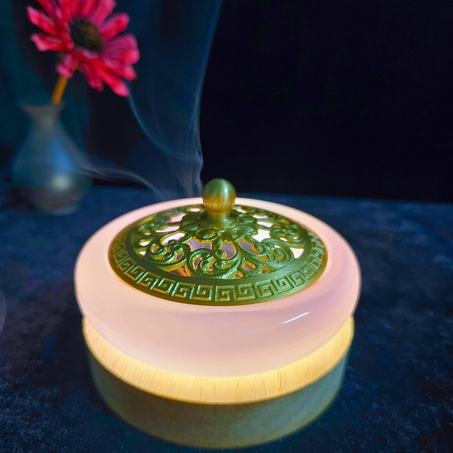 Pink Jade Glow-In-The-Dark Incense Burner For Incense Seals, Stick Incense, Coil Incense, Cone Incense