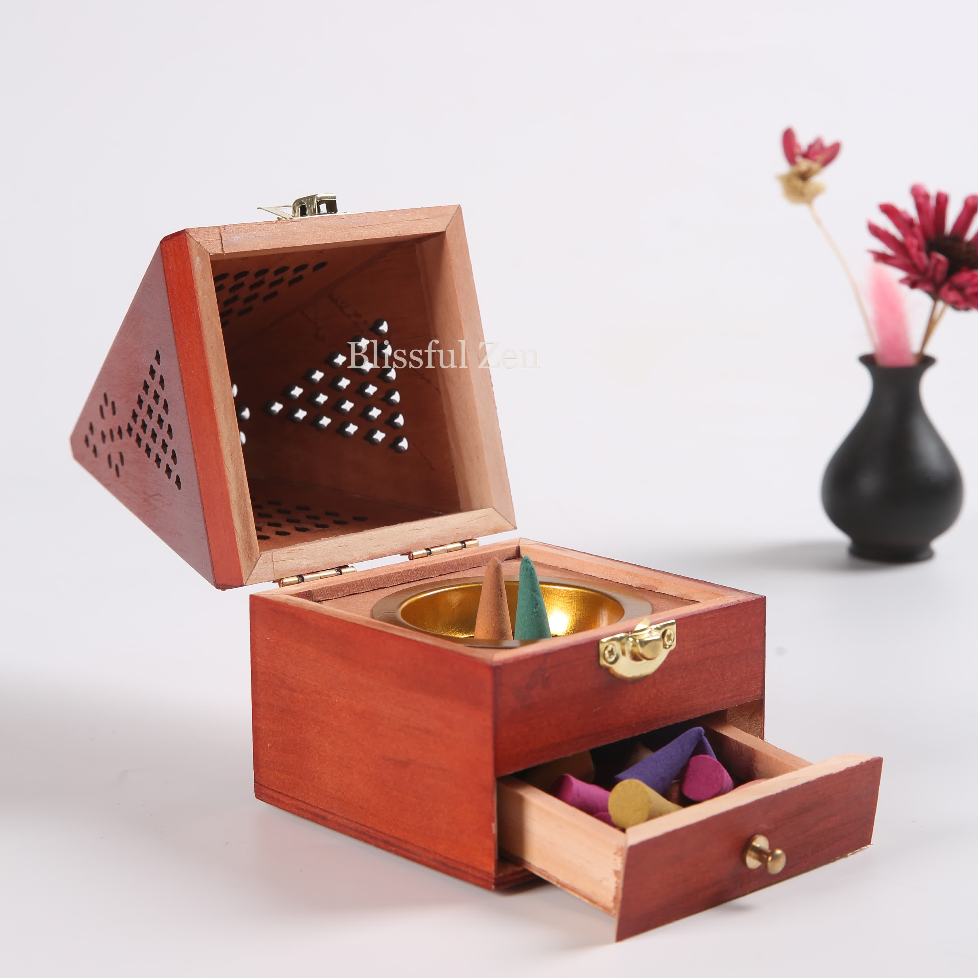 Wooden Pyramid House Incense Burner Box